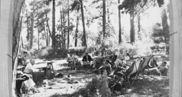 Conference participants sitting under the trees